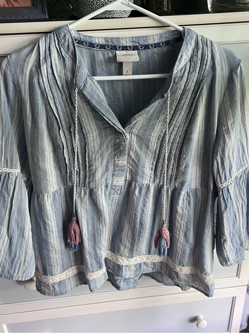 Light Blue Striped Cotton Top with Tassels